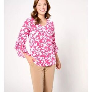 Susan Graver Pink Floral Top Size Large -Neck Ruffle Sleeve Blouse
